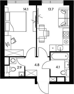 Планировка — НЕКСУС от Аквилон, 1-комн., 40 м²