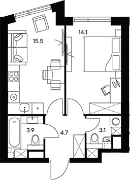 Планировка — НЕКСУС от Аквилон, 1-комн., 41 м²
