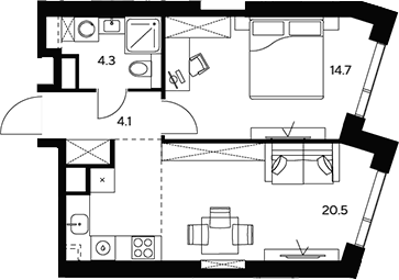 Планировка — НЕКСУС от Аквилон, 2-комн., 44 м²