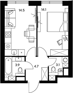 Планировка — НЕКСУС от Аквилон, 1-комн., 40 м²