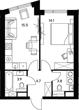Планировка — НЕКСУС от Аквилон, 1-комн., 42 м²