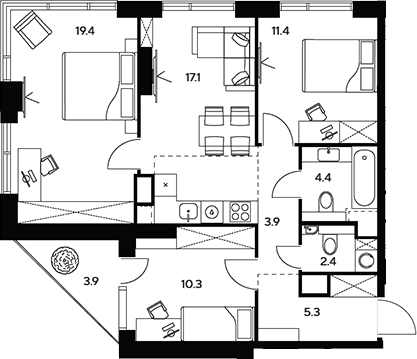 Планировка — НЕКСУС от Аквилон, 4-комн., 74 м²