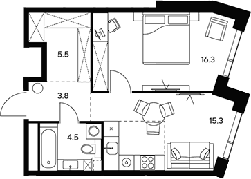 Планировка — НЕКСУС от Аквилон, 1-комн., 45 м²