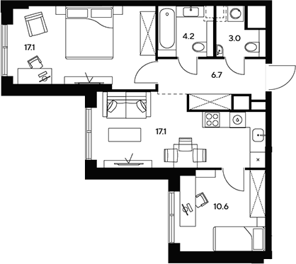 Планировка — НЕКСУС от Аквилон, 3-комн., 59 м²