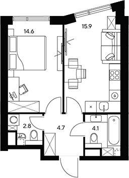 Планировка — НЕКСУС от Аквилон, 1-комн., 42 м²
