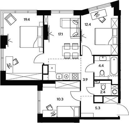 Планировка — НЕКСУС от Аквилон, 4-комн., 75 м²