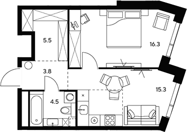 Планировка — НЕКСУС от Аквилон, 1-комн., 45 м²