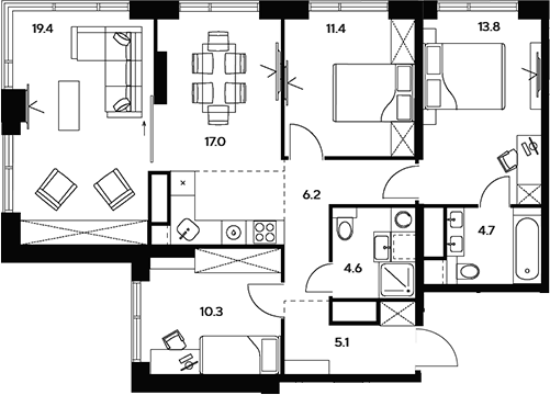 Планировка — НЕКСУС от Аквилон, 5-комн., 93 м²