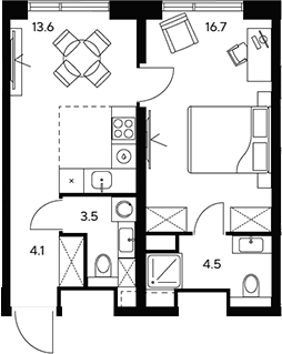 Планировка — НЕКСУС от Аквилон, 1-комн., 42 м²