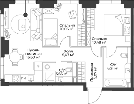 Планировка — Гранд Фили, 3-комн., 56 м²