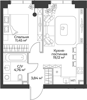 Планировка — Гранд Фили, 2-комн., 39 м²