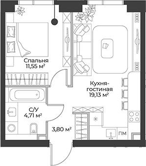 Планировка — Гранд Фили, 2-комн., 39 м²