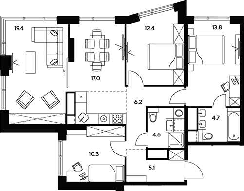 Планировка — НЕКСУС от Аквилон, 5-комн., 94 м²