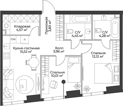 Планировка — Гранд Фили, 3-комн., 59 м²