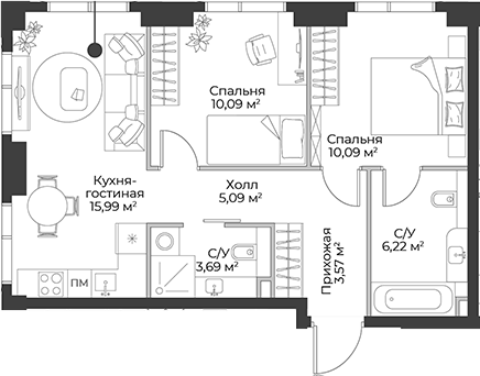 Планировка — Гранд Фили, 3-комн., 55 м²