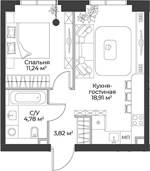 Планировка — Гранд Фили, 2-комн., 39 м²