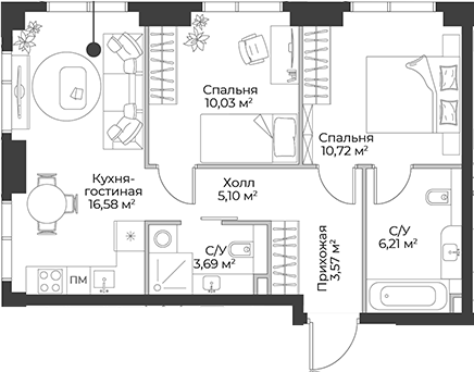 Планировка — Гранд Фили, 3-комн., 56 м²