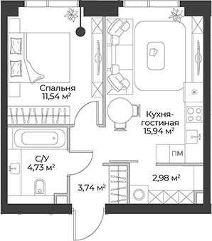 Планировка — Гранд Фили, 2-комн., 39 м²