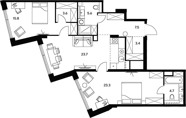 Планировка — НЕКСУС от Аквилон, 3-комн., 88 м²