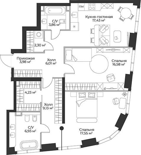 Планировка — Гранд Фили, 3-комн., 88 м²