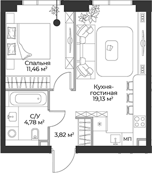 Планировка — Гранд Фили, 2-комн., 39 м²