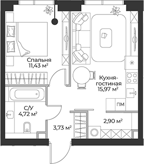 Планировка — Гранд Фили, 2-комн., 39 м²