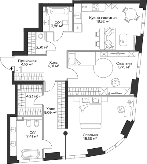Планировка — Гранд Фили, 3-комн., 91 м²