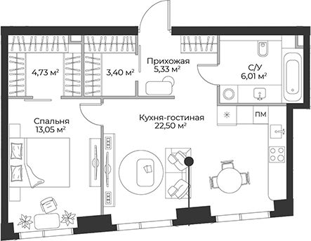 Планировка — Гранд Фили, 2-комн., 55 м²