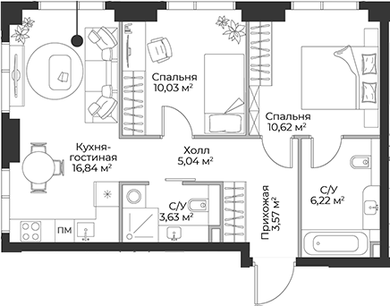 Планировка — Гранд Фили, 3-комн., 56 м²