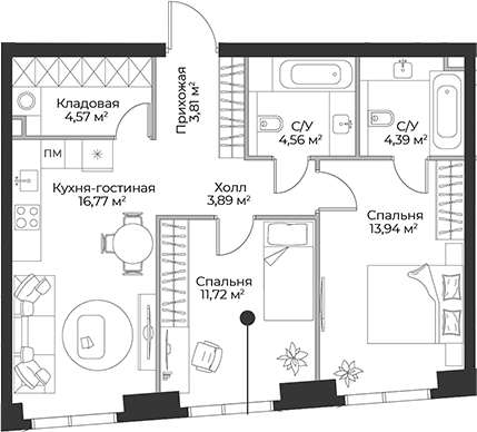 Планировка — Гранд Фили, 3-комн., 64 м²