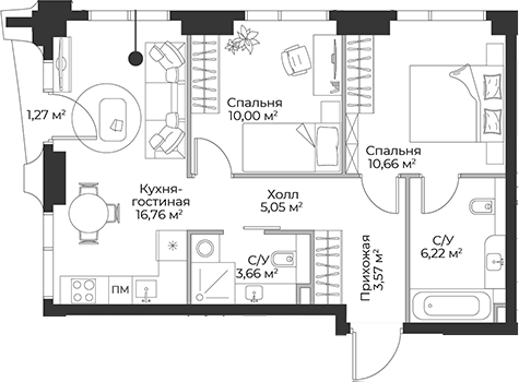 Планировка — Гранд Фили, 3-комн., 56 м²