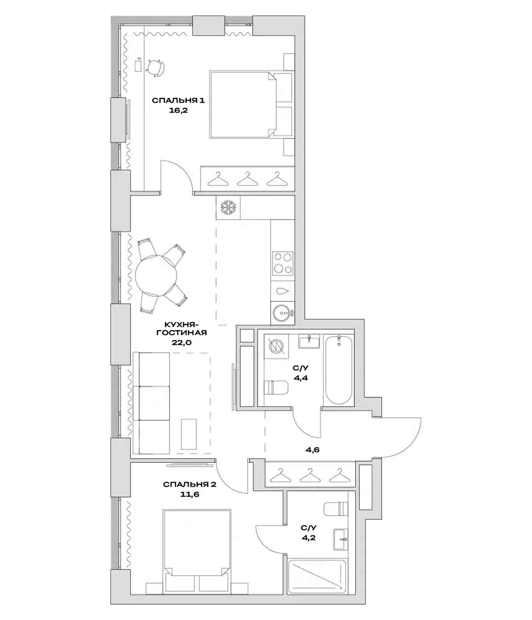 Планировка — Детали, 3-комн., 63 м²