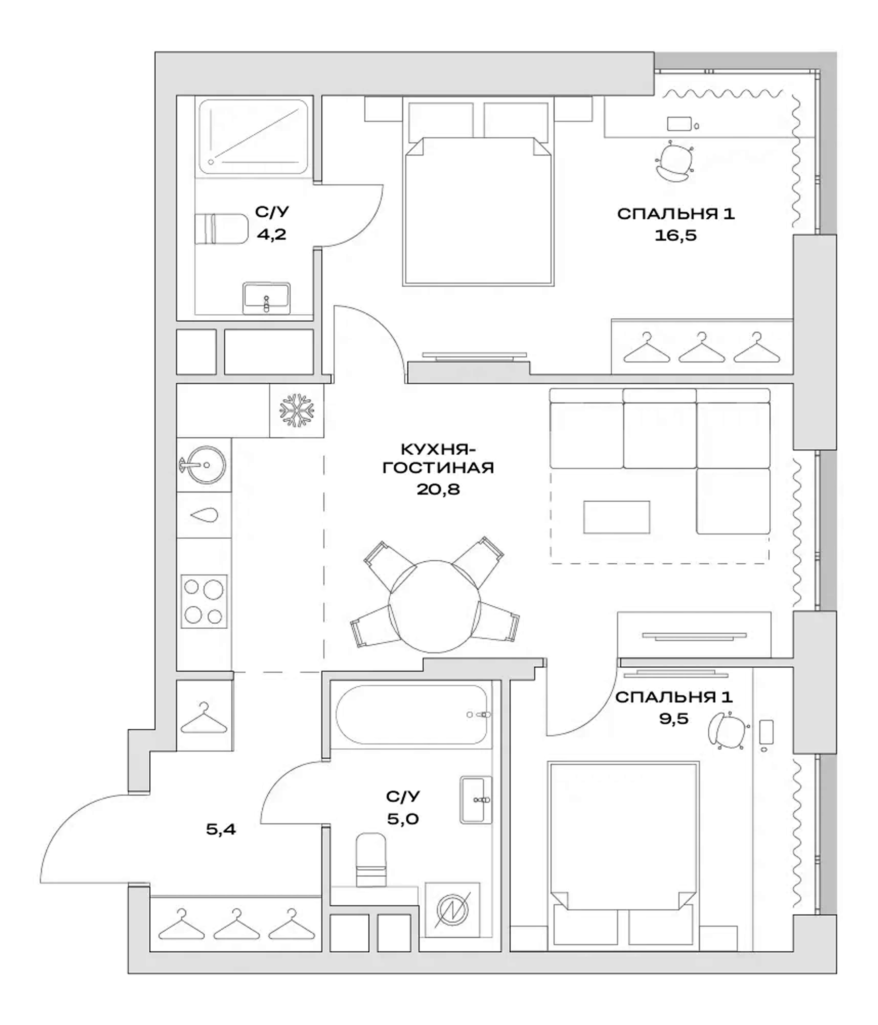 Планировка — Детали, 3-комн., 61 м²