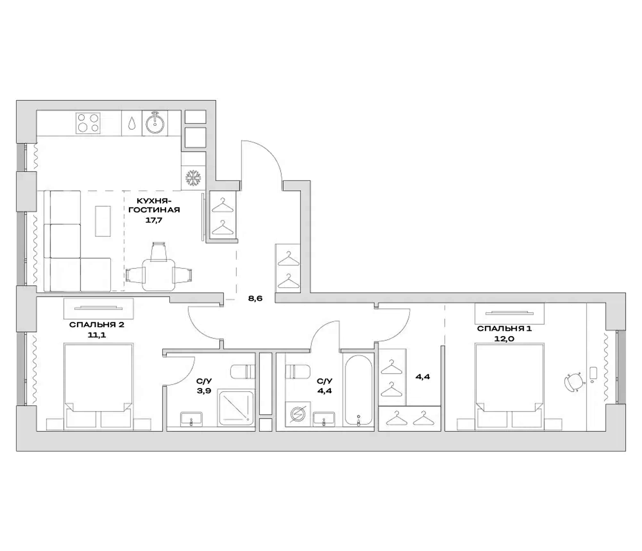 Планировка — Детали, 3-комн., 62 м²