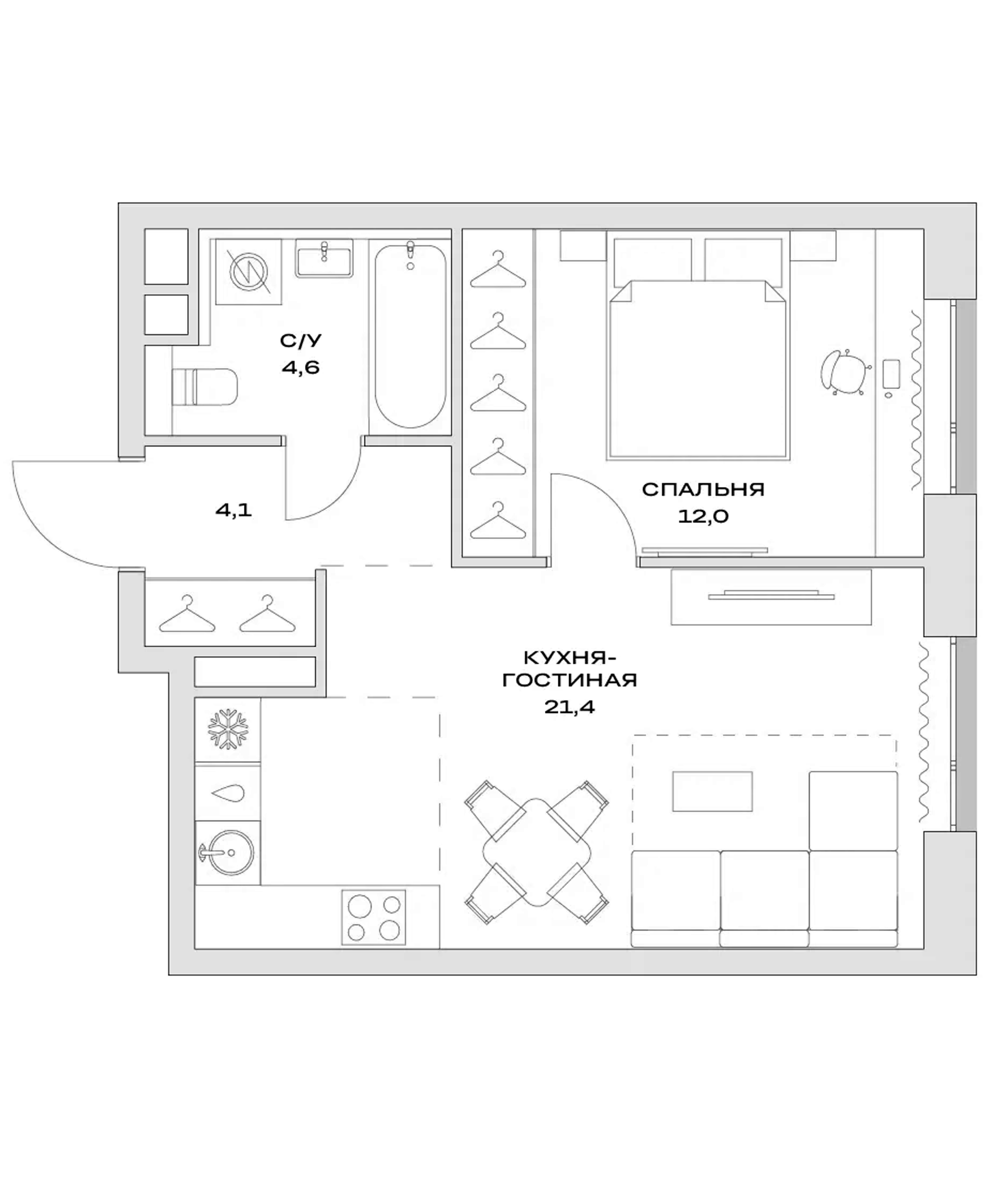 Планировка — Детали, 1-комн., 42 м²