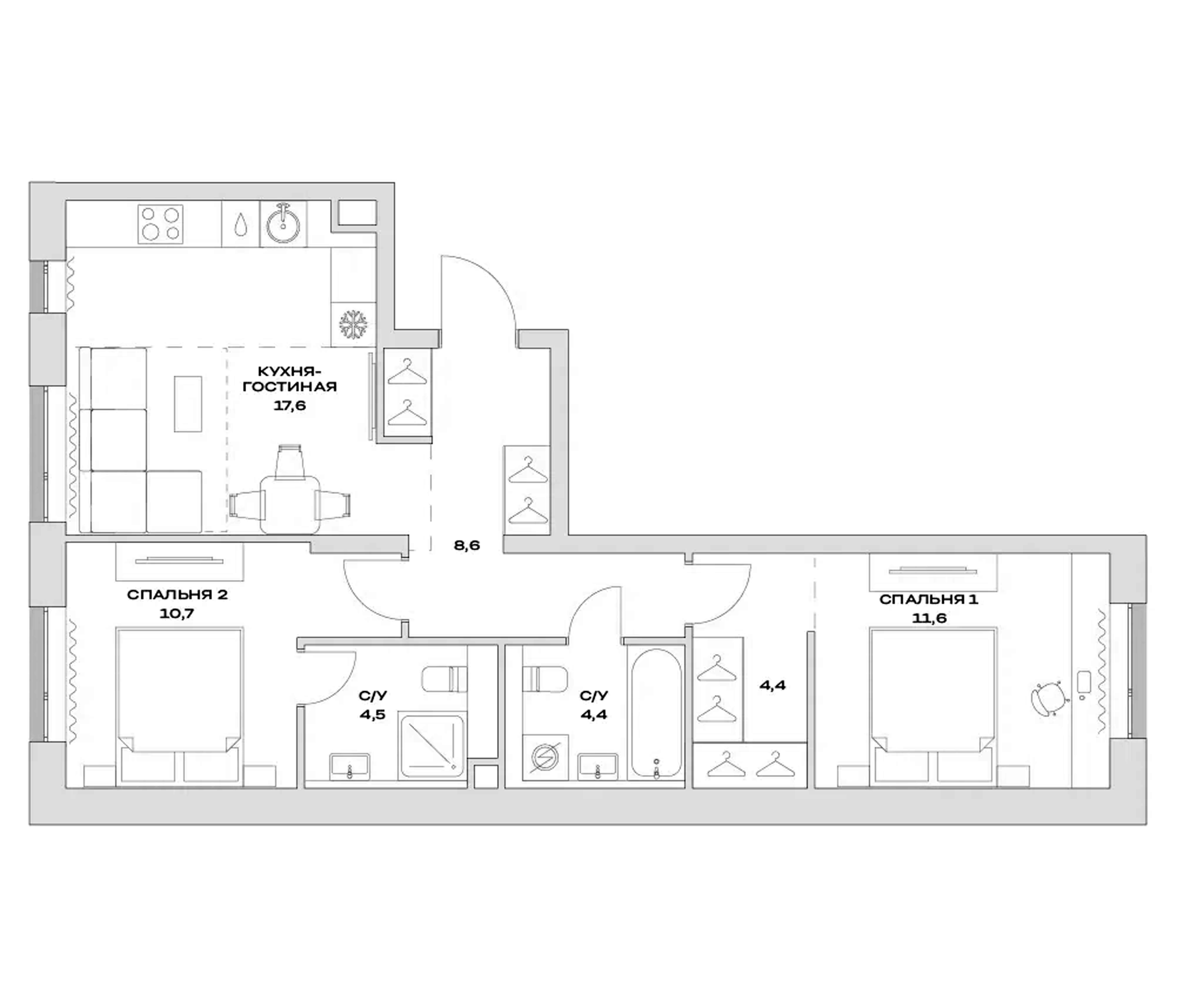Планировка — Детали, 3-комн., 62 м²