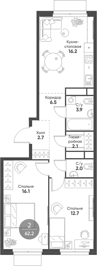 Планировка — Shagal, 3-комн., 62 м²