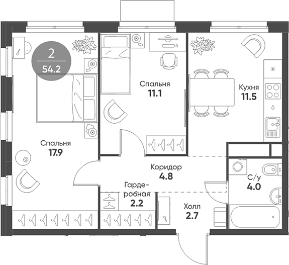 Планировка — Shagal, 2-комн., 54 м²
