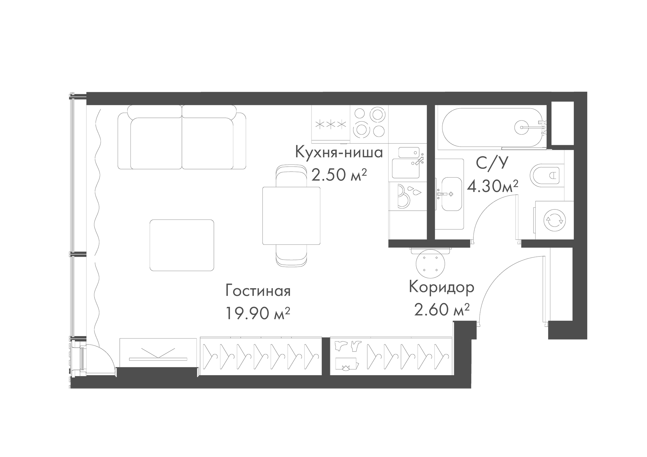 Планировка — Слава, Студия, 29 м²