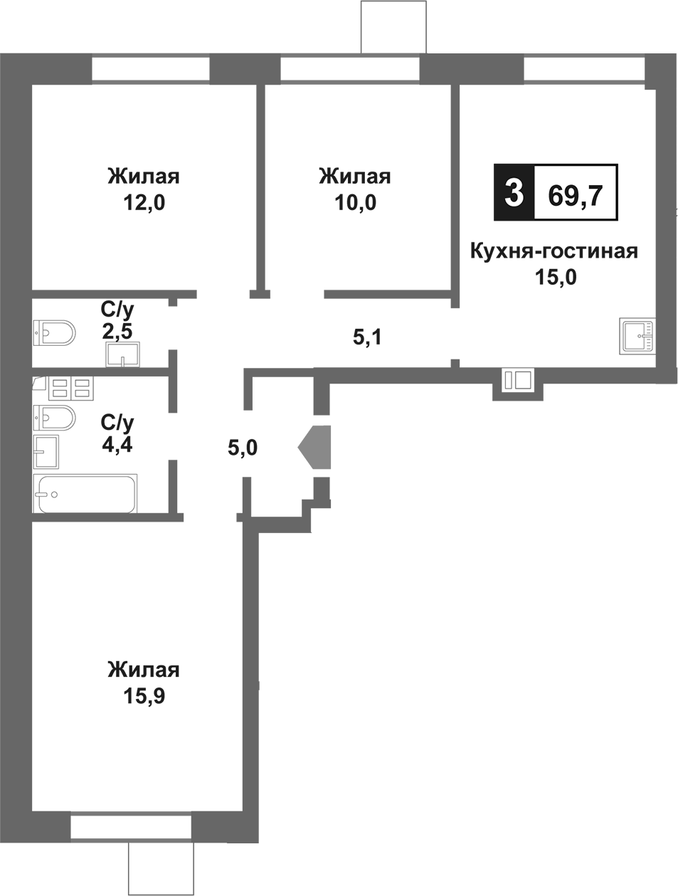Планировка — Лесная Отрада, 4-комн., 70 м²