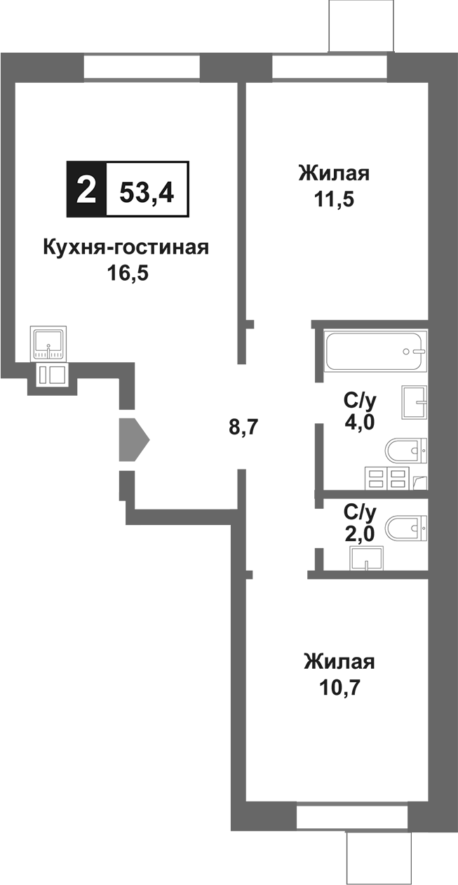 Планировка — Лесная Отрада, 3-комн., 53 м²