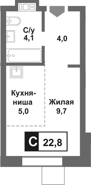 Планировка — Лесная Отрада, Студия, 23 м²