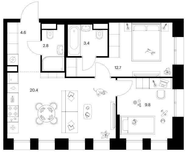 Планировка — Строгино 360, 2-комн., 54 м²