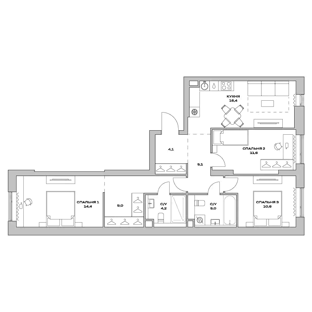 Планировка — Детали, 4-комн., 80 м²