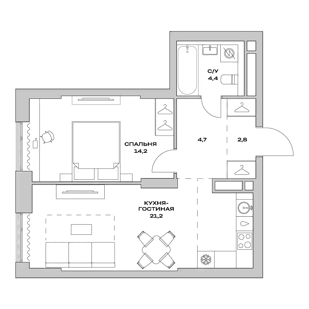 Планировка — Детали, 2-комн., 47 м²