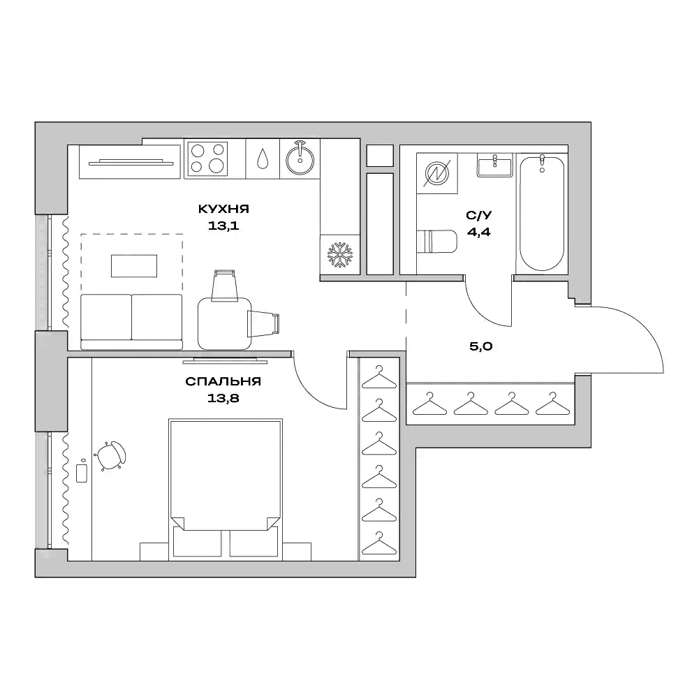 Планировка — Детали, 1-комн., 36 м²