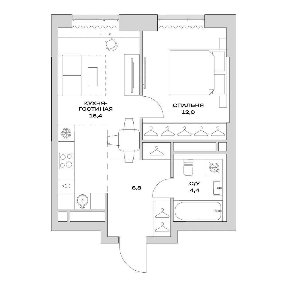 Планировка — Детали, 2-комн., 40 м²