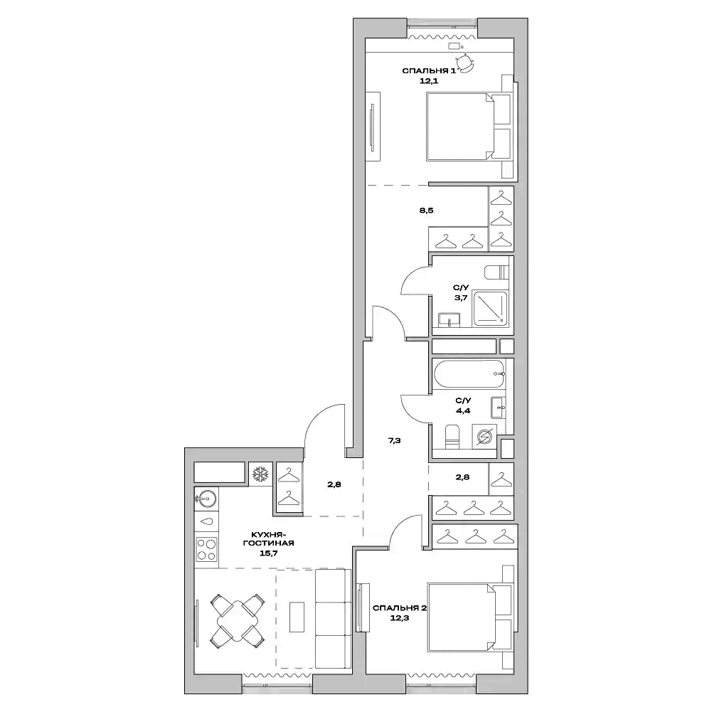 Планировка — Детали, 3-комн., 70 м²