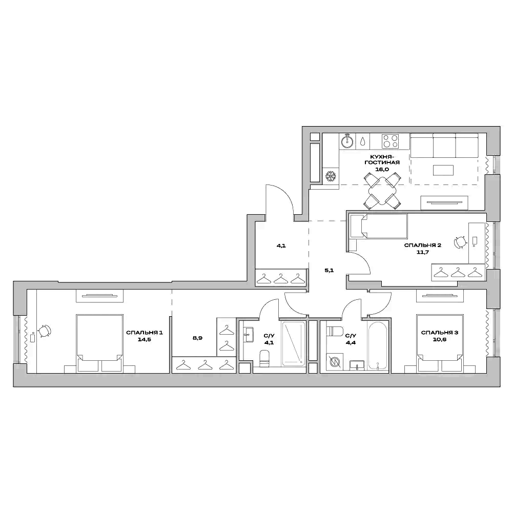 Планировка — Детали, 4-комн., 79 м²