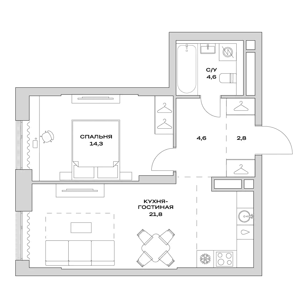 Планировка — Детали, 2-комн., 48 м²